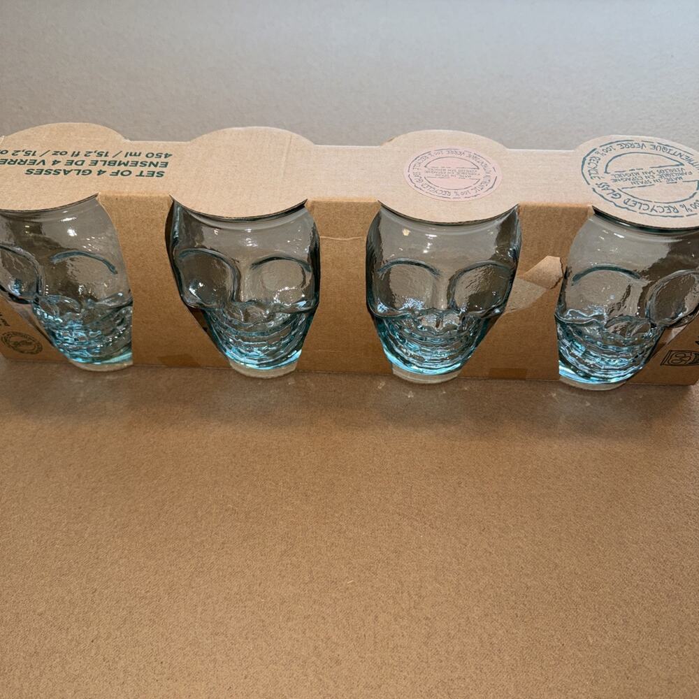 Vidreos San Miguel Skull Theme 4 Drinking Glasses 15.2oz Halloween 100% Recycled